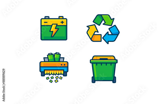 Icons representing recycling waste management energy storage and