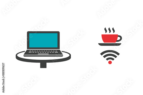 Working with a laptop and coffee cup at a cafe table with Wi-Fi signal
