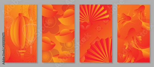 Happy Chinese New Year 2026 vector poster set with paper fans, cloud patterns and festive sparkles on warm orange gradient background. Festive lunar holiday design for greeting cards, banners.