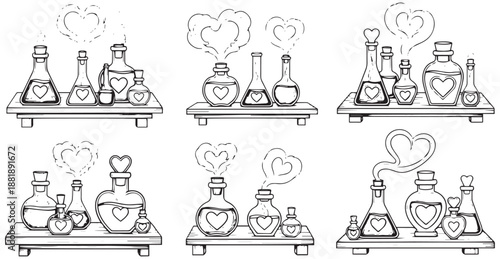 Whimsical alchemy in charming bottles and flasks creating magical love potions for romantic enchantments
