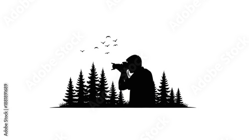 Silhouette of a photographer in nature taking pictures of birds in flight.