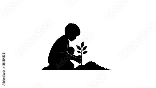 Silhouette of a child planting a tree seedling in the ground, symbolizing growth and environmental stewardship.