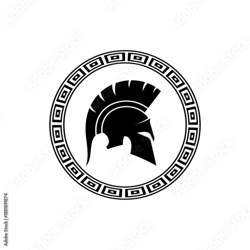 Spartan Warrior Helmet Logo with Greek Key Pattern. Ancient Greek Meander Emblem in Black and White