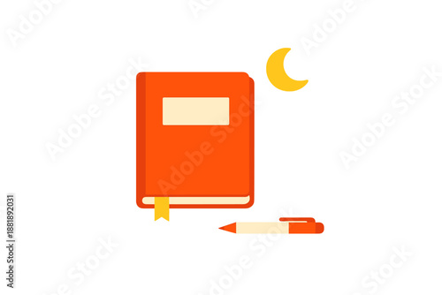 Journal and pen placed on a surface with a crescent moon design above