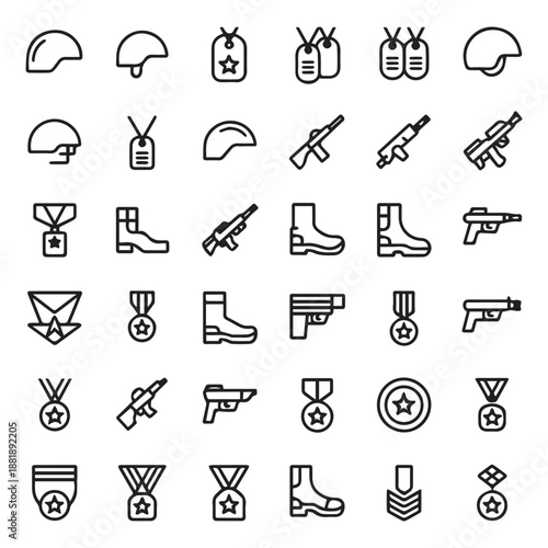 Military icons helmets dog tags boots weapons and medals in line art