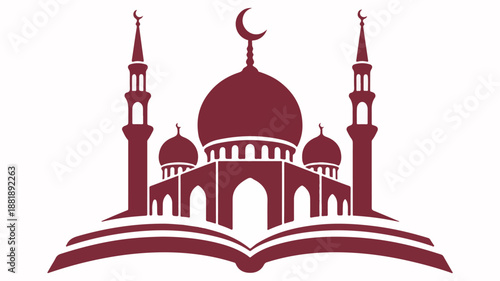 Islamic mosque silhouette emerging from an open book with crescent moon and minarets religion faith