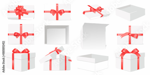 Collection of white gift boxes with red ribbons and bows