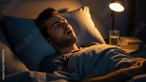 Man asleep in bed at night, illuminated by a lamp