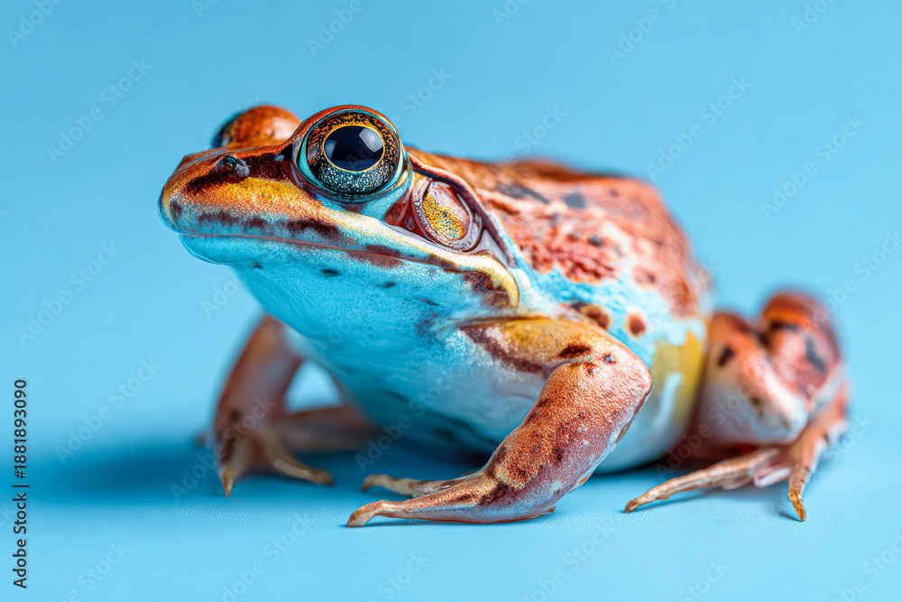 Fototapeta premium This close up image showcases a vibrant multicolored frog with striking features, sitting on a smooth surface against a blue background.