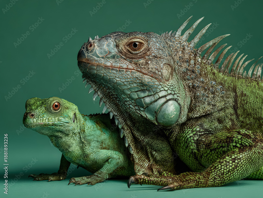 Fototapeta premium A detailed close up image featuring an iguana and a chameleon resting side by side against a smooth green backdrop, showcasing their vibrant colors and textures.