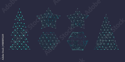 a collection of wireframe christmas trees and decorative boxes