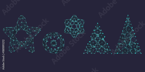Abstract geometric shapes star flower tree and cone in a neon blue style