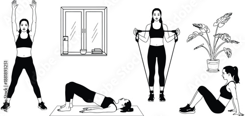 home fitness workout routine flat vector illustration with exercise training activities promoting healthy lifestyle wellbeing and active living at home concept
