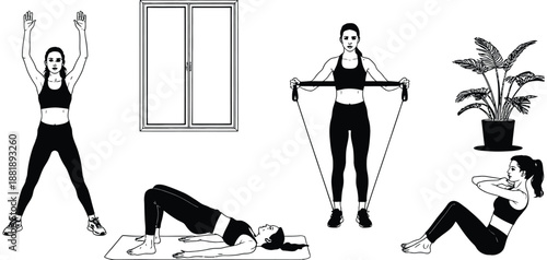 home fitness workout routine flat vector illustration with exercise training activities promoting healthy lifestyle wellbeing and active living at home concept