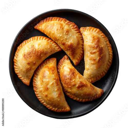 Latin American fried empanadas with tomato and avocado sauces. Top view