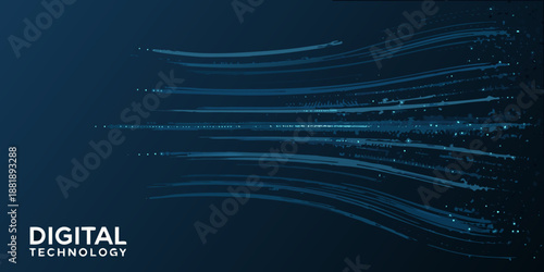 Abstract flowing lines and digital technology concept with a dark blue background