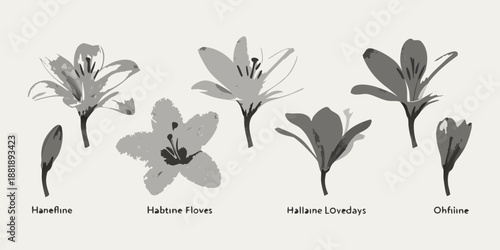 Delicate floral sketches of lilies and crocus in monochrome tones