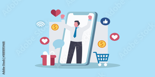 Digital marketing success a person emerging from a smartphone with icons