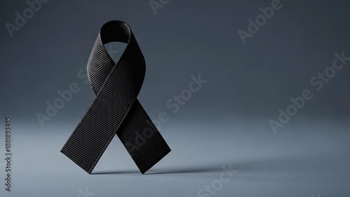 Black awareness ribbon symbolizing mourning loss and support on a dark background with soft lighting and textured ribbon