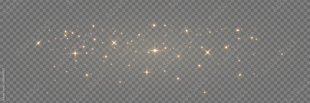 Fototapeta premium Golden light glitter banner. Magic dust background. Luxury party. Star particle bg. Christmas Holiday gold confetti. Fairy bulb. Glow shine bokeh. Winter Celebration frame. Vector illustration