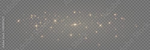 Golden light glitter banner. Magic dust background. Luxury party. Star particle bg. Christmas Holiday gold confetti. Fairy bulb. Glow shine bokeh. Winter Celebration frame. Vector illustration