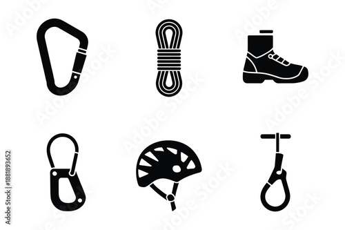 Outdoor rock climbing and mountaineering equipment icons