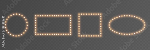 Light bulb gold frame set. Glitter luxury decoration. Golden lamp rectangle banner. Retro neon wall billboard. Cinema, casino design. Mirror background. Marquee circus bg. Vintage.Vector illustration