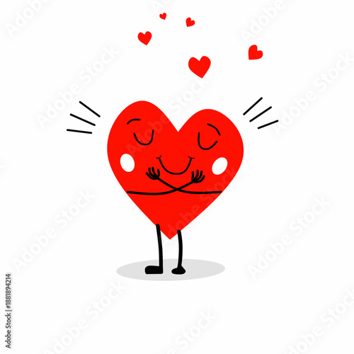 Cute heart cartoon character showing self love and calm affection, happy valentine illustration with peaceful smile, flat design isolated on white background