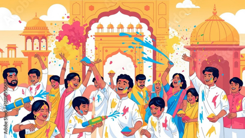 Vibrant Holi festival celebration with people playing with colors in India featuring traditional architecture and joyful atmosphere perfect for cultural events and festive designs