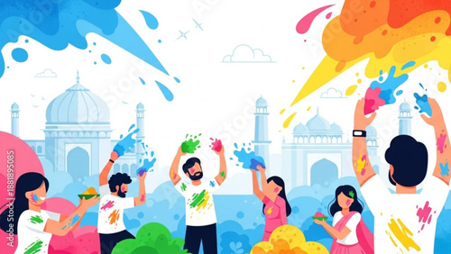 People celebrating Holi festival with colorful powder throwing paint in the air with traditional Indian architecture in the background vector illustration