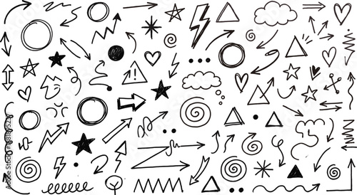 Black and white vector illustration of expressive hand-drawn doodles including arrows, stars, hearts, spirals, clouds, and abstract shapes