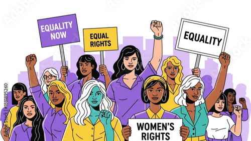 Diverse group of women protesting for equality and womens rights holding signs and raising fists in a demonstration vector illustration
