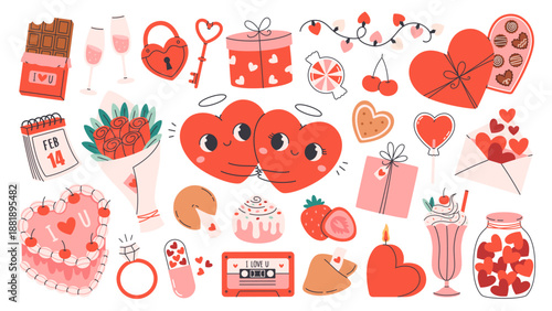 Cute Valentines Day festive elements set. Hearts, sweets, gifts, flower bouquet, ring, garland lights, coquette cake, love tape. Cute holiday stickers. Flat vector illustration isolated on white