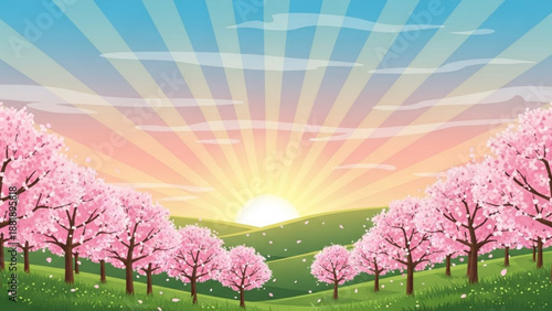 Vibrant spring landscape with blooming cherry blossom trees and a radiant sunrise symbolizing new beginnings and natural beauty for seasonal backgrounds
