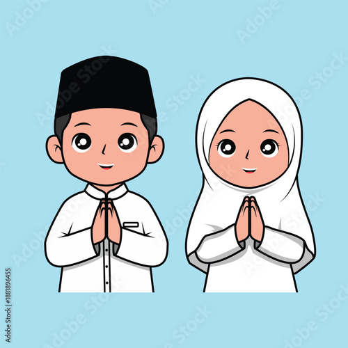 Cute Muslim children wearing traditional outfits greeting for Eid al-Fitr