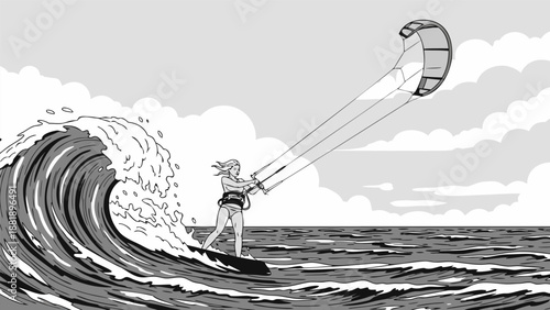 Vector illustration of a woman kitesurfing on a large wave, dynamic sports scene