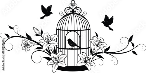 Birdcage Vintage Floral Birds Freedom Nature Romantic Elegant Decorative Ornament Silhouette Outline Illustration Vector Design Art Classic Garden Flower Lily Cage Symbol