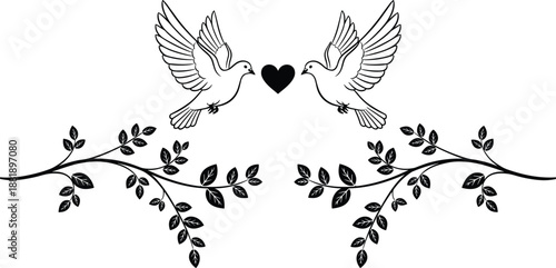 Birds Dove Love Romance Romantic Heart Couple Symmetry Decorative Floral Branch Nature Peace Wedding Valentine Silhouette Lineart Vector Illustration Ornament Design Isolated Black
