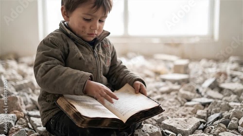 Wallpaper Mural Little Boy with Dirty Face Sitting on Rubble in Destroyed Building and Reading a Burnt Book, Symbolizing Resilience Amidst War and Poverty Torontodigital.ca