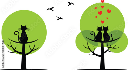 Cats Love Romance Silhouette Couple Tree Nature Romantic Valentine Hearts Affection Cute Sweet Togetherness Bonding Emotion Tenderness Illustration Vector Design Minimal Whimsical