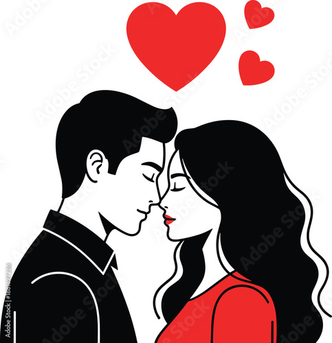 Couple Love Romance Romantic Kiss Hearts Valentine Illustration Cute Modern Flat Design Portrait Relationship Emotion Affection Red Black Graphic Art