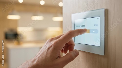 Wallpaper Mural Man Adjusting Kitchen Lights Intensity Using Smart Home Control Panel on Wall Mounted Touch Screen Torontodigital.ca