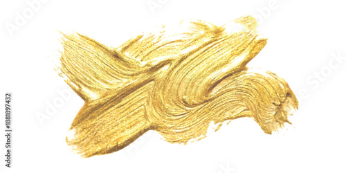 Abstract golden metallic paint brush stroke or smudge texture isolated on white background
