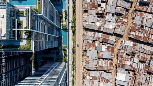 Wallpaper Mural Aerial Top-Down View Showing Social Inequality and Contrast Between Luxury Skyscraper Apartments and Poor Shanty Town Slum Torontodigital.ca