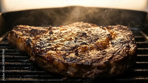 Wallpaper Mural Juicy Ribeye Beef Steak Sizzling on a Hot Cast Iron Grill Pan with Rising Steam and Bubbling Fat, Close-up Professional Cooking Torontodigital.ca