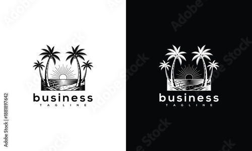 Tropical business concept illustration featuring palm trees and a serene beach environment from a distant viewpoint