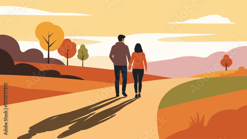 Couple holding hands walking on a path through a scenic autumn landscape with colorful trees and rolling hills at sunset