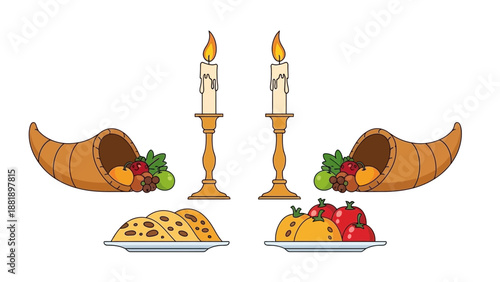 Traditional autumn harvest illustration with cornucopias, candles, and seasonal foods. Perfect for Thanksgiving and festive holiday designs