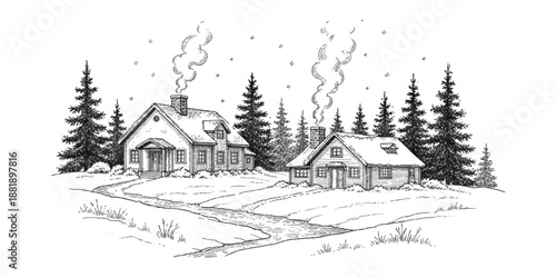 Cozy winter scene with houses and snow isolated on white background