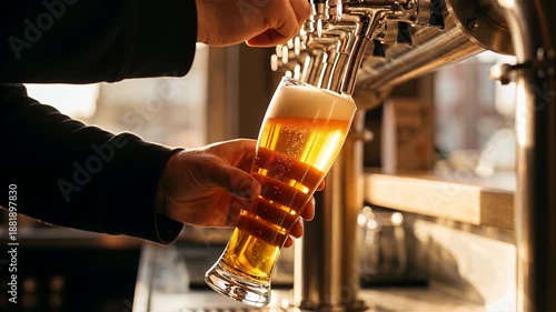 Wallpaper Mural Bartender Pouring Fresh Golden Craft Beer from a Draft Tap into a Glass in a Bar or Brewery Torontodigital.ca
